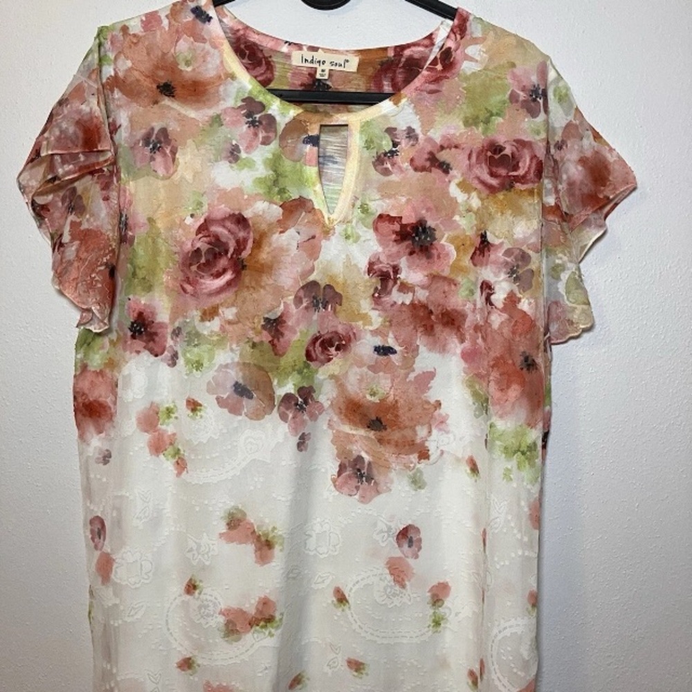 Indigo Soul Floral Blouse in Pink Mesh Trim Watercolor‎ Rose Flowy
